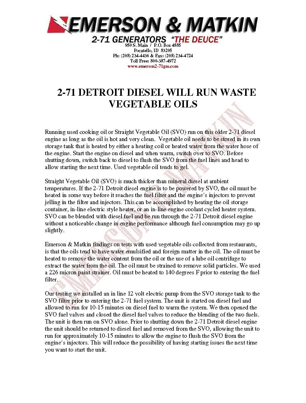 2-71 Bio Diesel Info